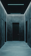 Poster - A long hallway with a black door in the middle. The hallway is empty and the door is closed