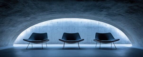 Poster - Three black chairs are sitting in a room with a blue ceiling. The chairs are arranged in a row, with one chair in the middle and two on either side. The room has a modern and minimalist design