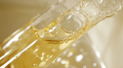 Poster - A glass of liquid with bubbles in it. The bubbles are white and the liquid is yellow. The bubbles are rising up from the bottom of the glass