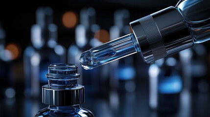 Poster - A bottle of liquid is being poured into a small bottle with a dropper. The scene is set in a laboratory or a medical setting