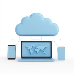 Poster - Illustration of cloud computing connecting devices like laptops and smartphones for global accessibility and efficiency.