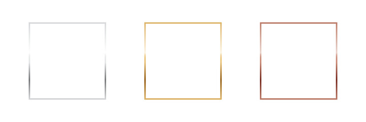 gold, silver and bronze square frames. metal thin photo or picture frames isolated on transparent ba