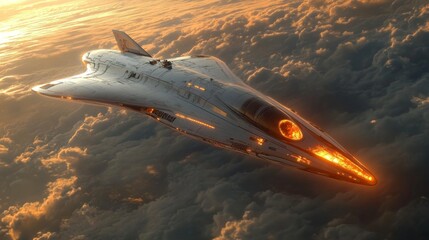 Poster - a sleek spaceplane soars through the atmosphere, showcasing its propulsion systems while surrounded 