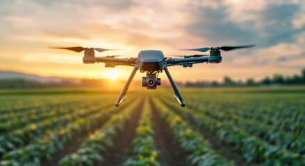 Poster - A drone hovers over vibrant agricultural fields, capturing data during sunset. The technology represents modern farming practices aimed at improving crop selection and monitoring growth patterns.