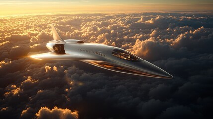 Poster - A sleek spaceplane soars through the clouds against a vibrant sunset, showcasing cutting edge aerospace technology for hypersonic flight and propulsion innovation.