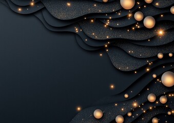 Poster - A creative abstract design featuring wavy layers, golden spheres, and sparkling elements on a dark background, perfect for graphic projects.