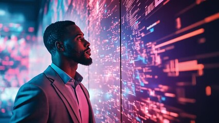 Poster - Visionary Gaze: A businessman studies data on a modern display