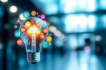 Poster - Illuminated Light Bulb Surrounded by Business Icons Representing Innovation and Data Analysis