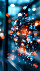 Poster - Futuristic Digital Interface with Colorful Shopping Icons and Connectivity Symbols in an Urban Setting