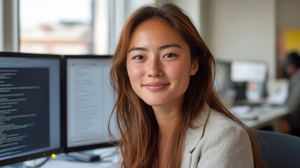 Asian female programmer sitting at her desk in a modern office environment, with monitor displaying lines of code.	