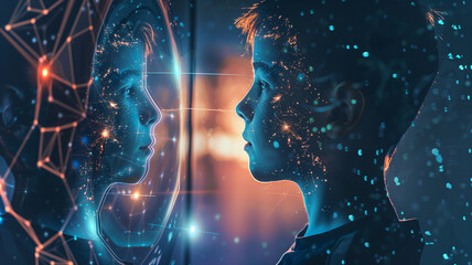Poster - This child stands in front of a digital mirror, reflecting concepts of genetic modifications and youth.