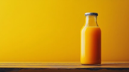Poster - A glass bottle filled with bright orange juice sits on a wooden table against a striking yellow background. The scene conveys freshness and warmth, perfect for a refreshing drink.