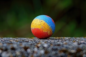 Poster - A colorful ball resting on a textured outdoor surface