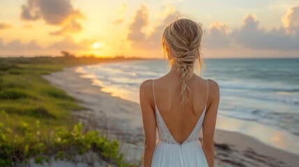 Poster - A woman wearing a flowing white dress stands on a sandy beach, gazing towards a vibrant sunset. Golden hues illuminate the sky and calm waves wash up on the shore.