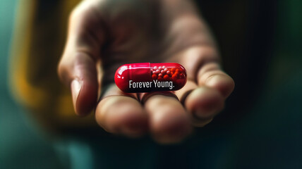 Poster - This hand holds a red capsule marked 'Forever Young,' symbolizing genetic advancements.