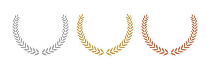 Wall Mural - gold, silver, bronze laurel wreaths. winner medal award set vector illustration. victory symbol, tri