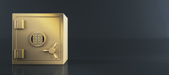 Poster - Golden safe vault on dark background. 3D Rendering