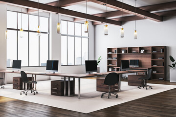 Poster - Modern office interior with wooden desks, black chairs, and large windows overlooking a city view. 3D Rendering