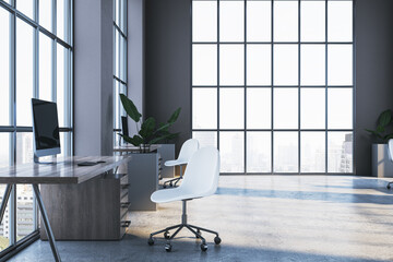 Poster - Modern office interior with large panoramic windows and contemporary furniture. 3D Rendering