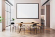 © Who is Danny - Modern dining room with wooden table, chairs, and large blank frame on the wall. Elegant interior with parquet flooring and city view. 3D Rendering