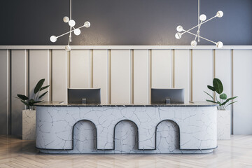 Poster - Modern reception desk in elegant office lobby with marble texture, pendant lighting, and minimalist decor. Stylish workspace interior. 3D Rendering
