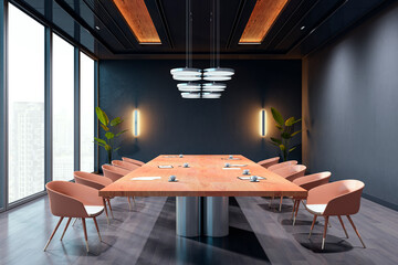 Poster - Modern conference room interior with wooden table and stylish chairs. 3D Rendering