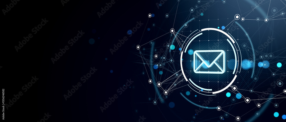 Email Connection Icon Neon email icon with network connections on dark digital background. 3D ...