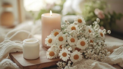Poster - Delicate white flowers with hints of yellow grace a wooden tray alongside a softly glowing candle. A small jar complements the serene arrangement, inviting relaxation and peace