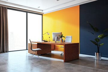 Poster - Modern executive office with wooden desk and stylish chairs. 3D Rendering