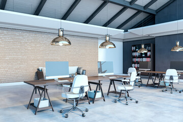 Aufkleber - Modern open-plan office with industrial design, featuring spacious desks, ergonomic chairs, and stylish lighting in a contemporary workspace. 3D Rendering