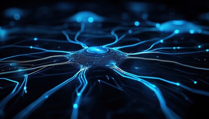Poster - Abstract blue neural network with glowing connections on a dark background.