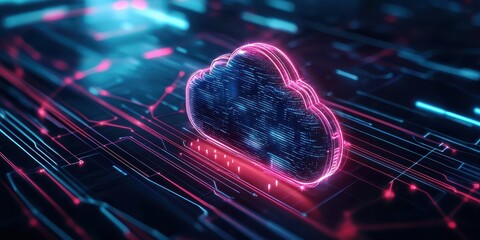 Poster - Futuristic glowing cloud with digital connections in vibrant neon colors.
