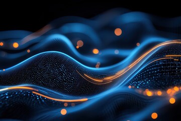 Poster - Abstract digital waves with glowing dots in vibrant blue and orange tones.