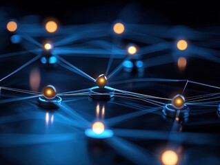 Poster - Abstract network with glowing orbs and interconnected lines in a dark setting.