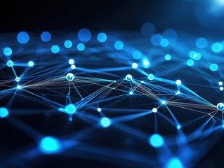 Poster - Abstract blue network connections with glowing dots and lines in a digital space.