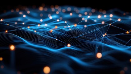 Poster - Abstract blue and orange digital waves with glowing nodes on a dark background.
