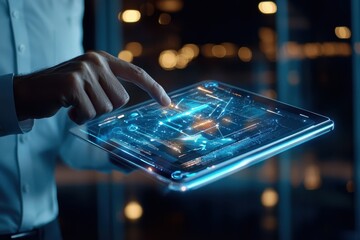 Fototapete - Close-up of a hand interacting with a futuristic digital tablet in a modern setting.