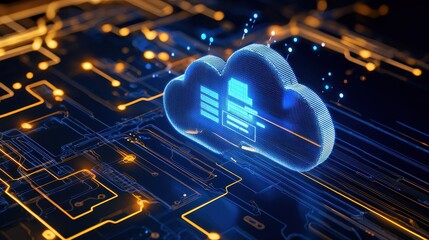 Fototapete - Digital cloud technology over a glowing circuit board background.