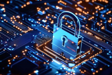 Poster - Digital lock symbolizing cybersecurity on a circuit board with glowing connections.
