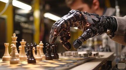 Poster - A sleek robotic hand manipulates chess pieces on a vibrant board, illustrating the fusion of technology and strategy. This moment highlights the evolving landscape of AI in competitive games