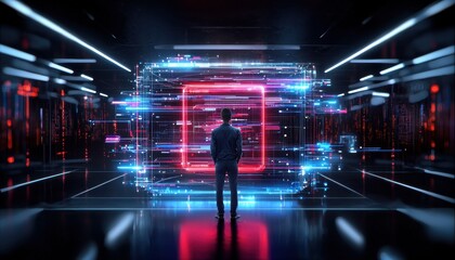 Fototapete - A person gazes at a vibrant digital interface, showcasing technology and innovation.