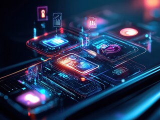 Poster - Futuristic smartphone interface with vibrant digital elements and glowing icons.