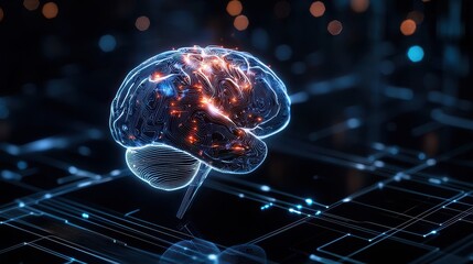 Poster - Futuristic digital brain with neon circuitry glowing against a dark background.