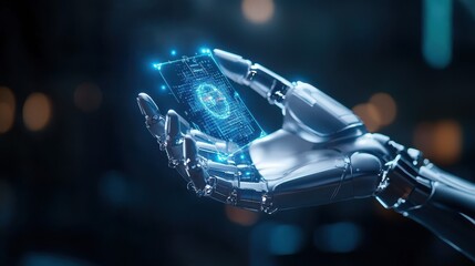 Poster - A futuristic robotic hand holds a glowing data card in a high-tech environment.