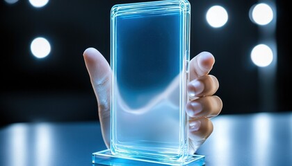 Poster - A hand holds a transparent smartphone model against a blurred bokeh background.