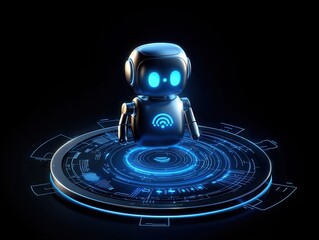 Poster - A futuristic black and blue robot with glowing features in a digital environment.