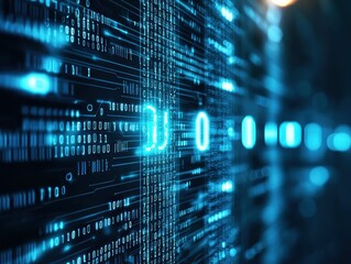 Fototapete - Abstract digital data flow with glowing binary code in blue tones.