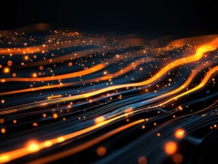 Poster - Abstract wave patterns with glowing orange dots in a dark background.