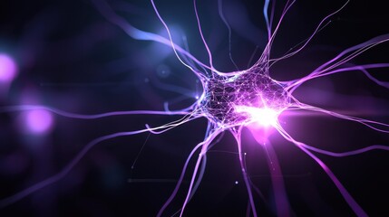 Poster - Intricate depiction of a neuron glowing with purple hues against a dark background.