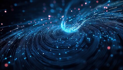 Poster - A mesmerizing swirl of glowing blue and pink particles in a dark abstract space.
